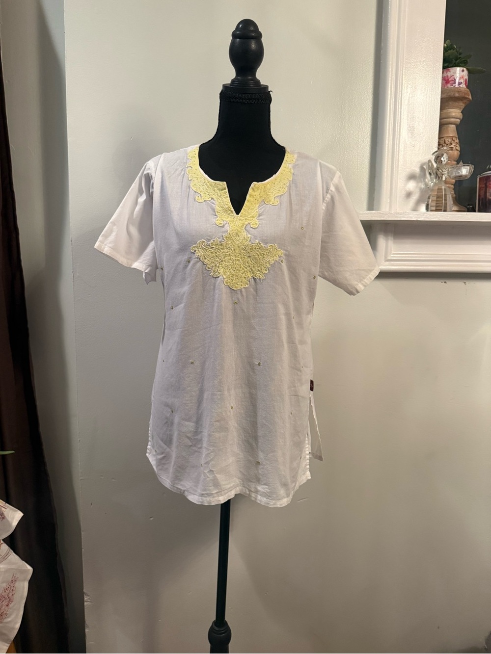 Women's White Tunic with Yellow Embroidered Neckline
